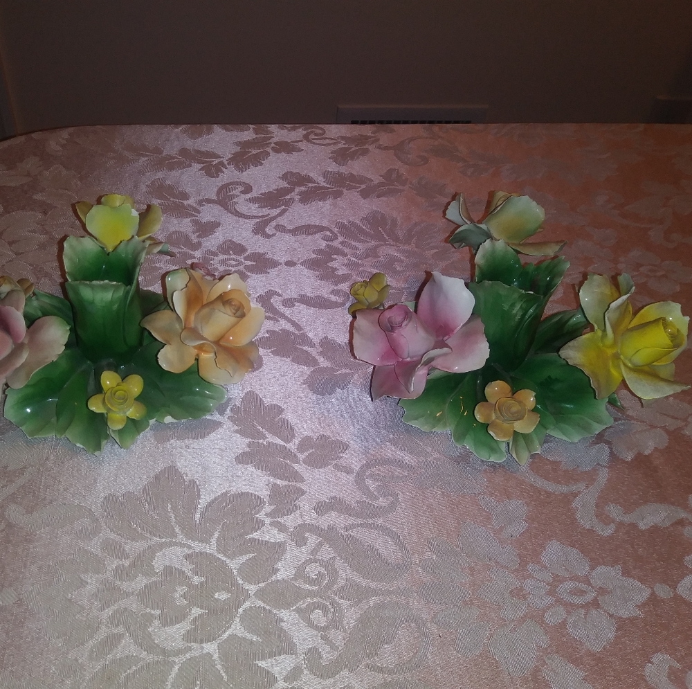 Vintage Pair of Nuova Capodimonte Italian Rose Candle Holders